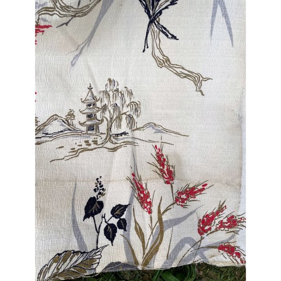 Vintage 1940s Salvaged Barkcloth Curtain Fabric Panels Floral Pagoda Houses - Picture 3 of 16